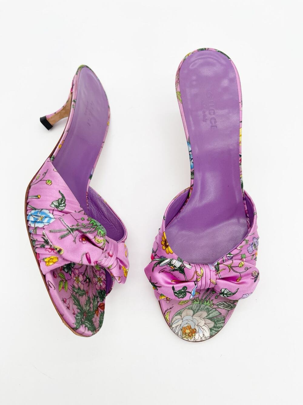 Gucci Vintage Retro Pink Flora Floral Print Bow Kitten Heel Mule Sandals US 6